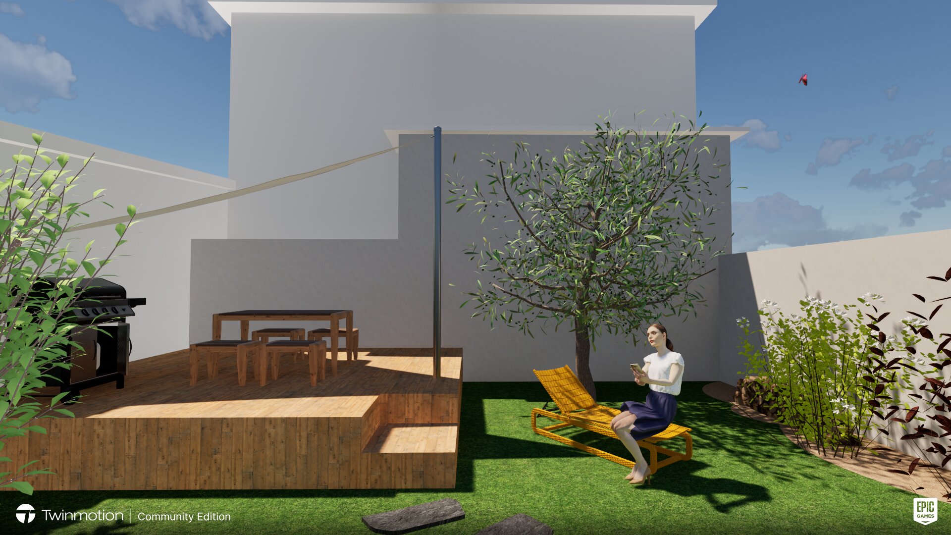 aménagement 3D terrasse bois + plantes locales